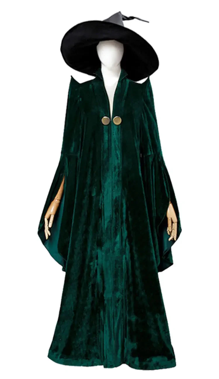 Elegant green Professor McGonagall Hogwarts witchcraft costume with flowing cape and pointed hat