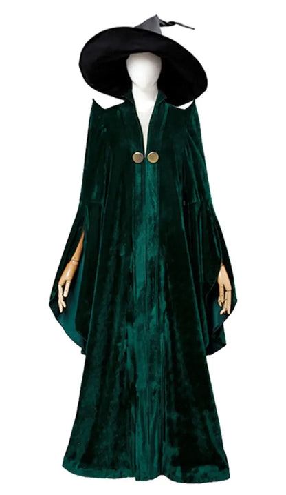 Elegant green Professor McGonagall Hogwarts witchcraft costume with flowing cape and pointed hat