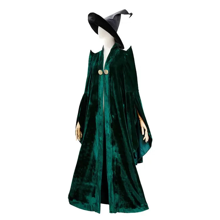 EtherealBe Professor McGonagall Hogwarts witchcraft costume with a green velvet cloak and pointed hat