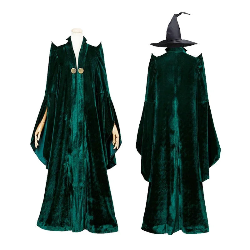 EtherealBe Professor McGonagall Hogwarts witchcraft costume with a long green cloak and pointed hat