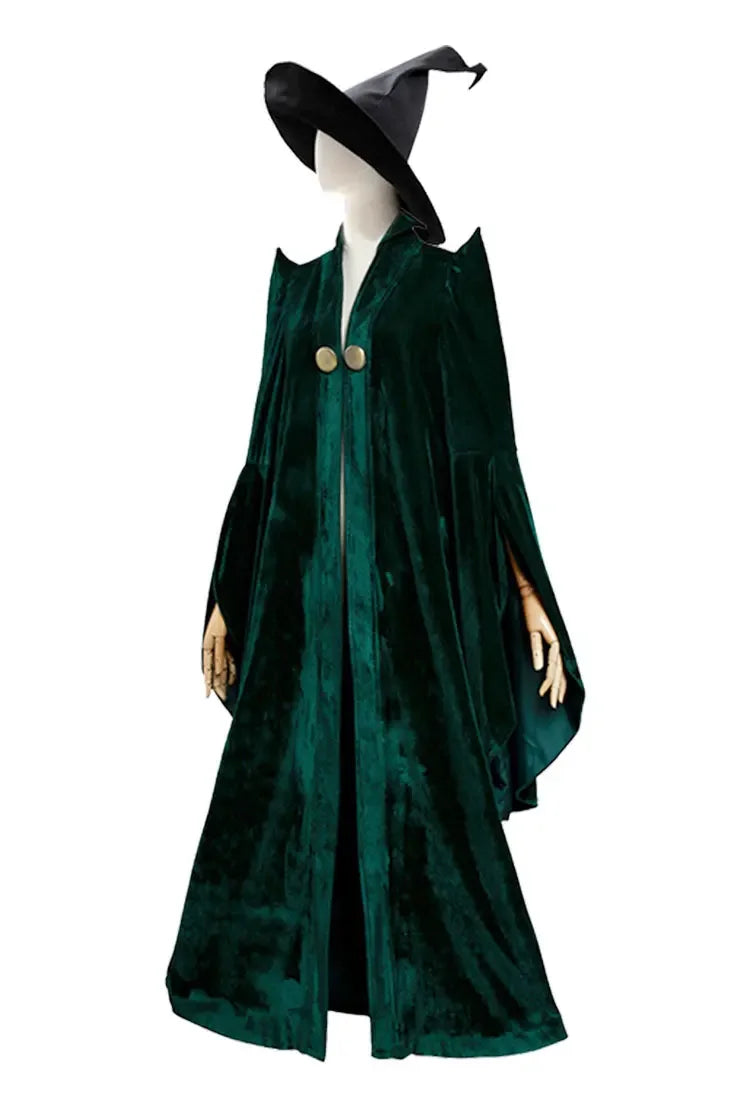 EtherealBe Professor McGonagall Hogwarts witchcraft costume with a dark green cape and pointed hat