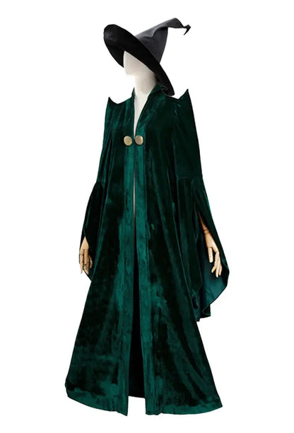 EtherealBe Professor McGonagall Hogwarts witchcraft costume with a dark green cape and pointed hat