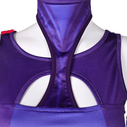Close-up of the Psylocke cosplay costume featuring a unique halter neck design and vibrant purple fabric