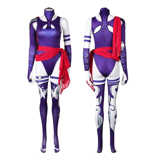 EtherealBe Psylocke cosplay costume featuring a purple and white design with a flowing red sash