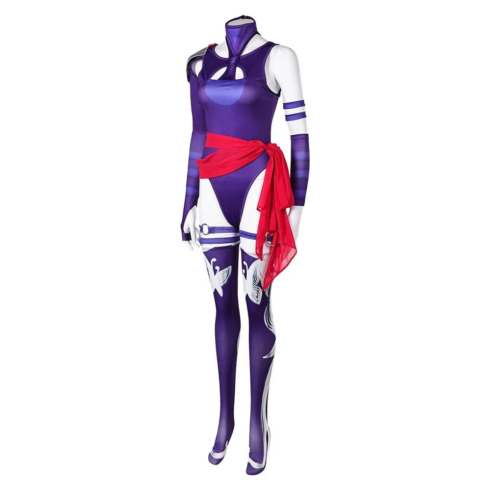 EtherealBe Psylocke cosplay costume featuring a fitted purple bodysuit with flowing red accents