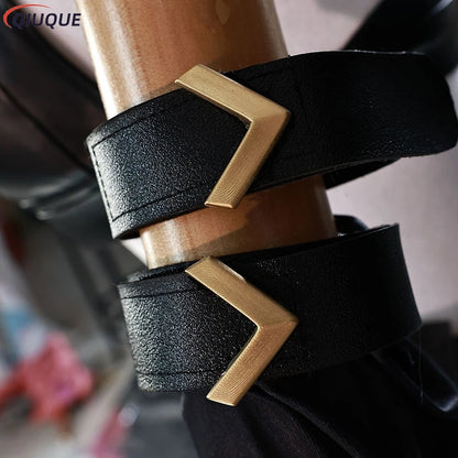 Close-up of Arcane Jinx cosplay costume detailing with black straps and gold accents