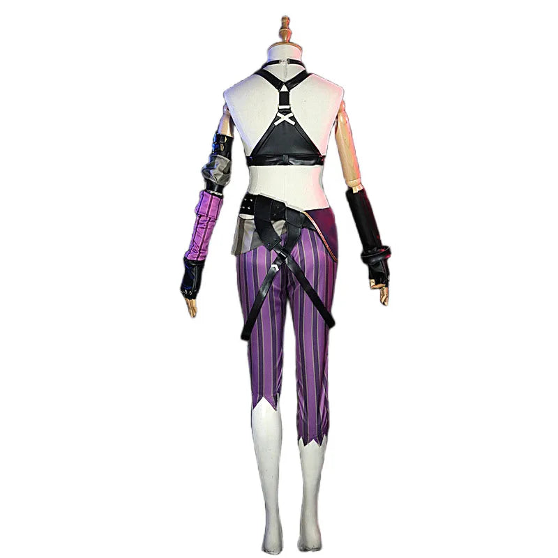 Back view of Arcane Jinx cosplay costume featuring purple striped pants and stylish black top