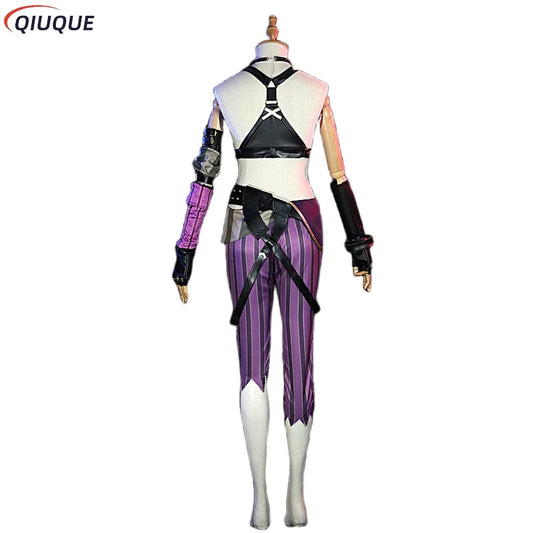 Back view of Arcane Jinx cosplay costume featuring purple and black design with detailed straps