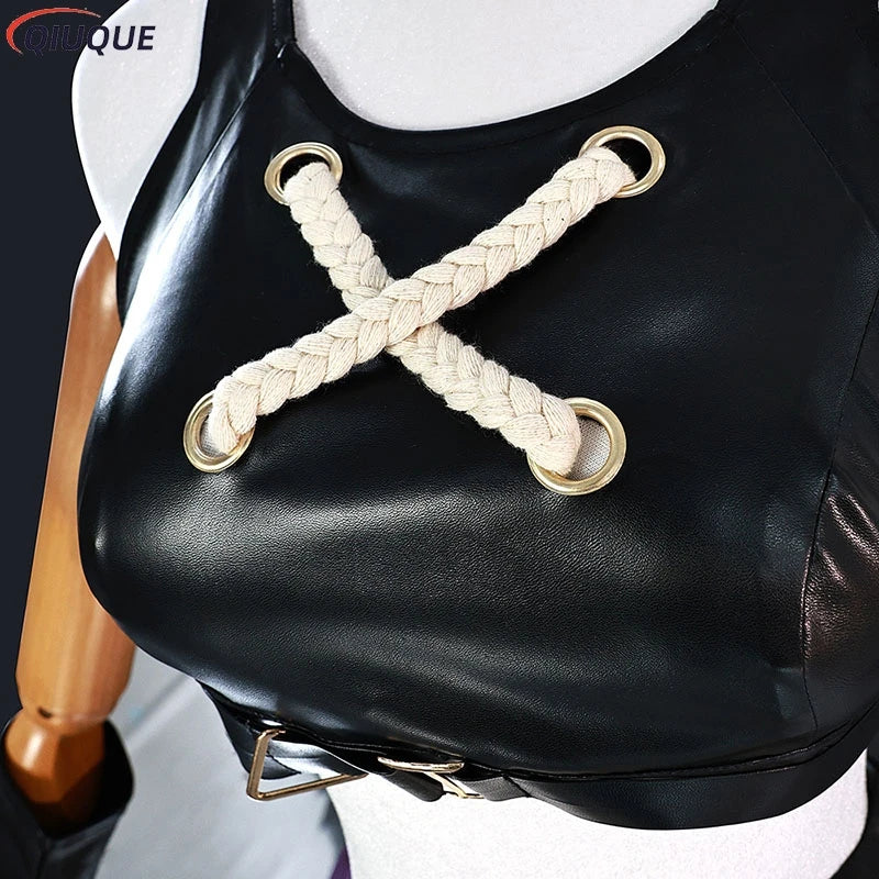 Close-up of Arcane Jinx cosplay costume featuring black faux leather and braided rope detailing