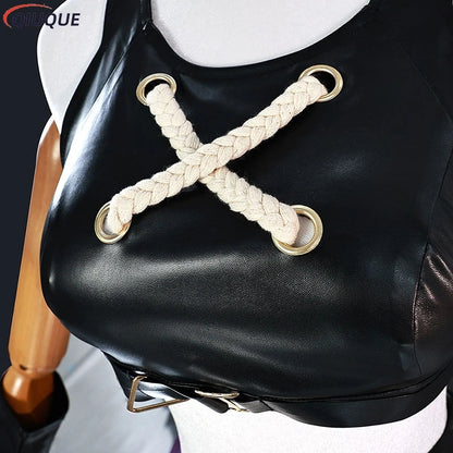 Close-up of Arcane Jinx cosplay costume featuring black faux leather and braided rope detailing