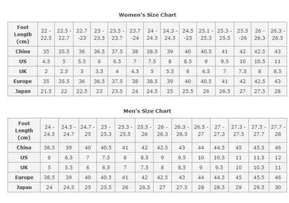 EtherealBe Arcane Jinx cosplay costume size chart detailing women's and men's foot lengths