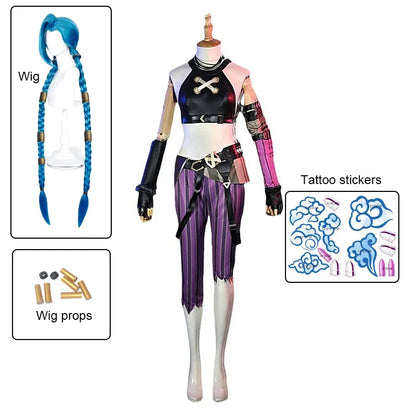 Arcane Jinx cosplay costume featuring a detailed outfit with wig, accessories, and tattoo stickers