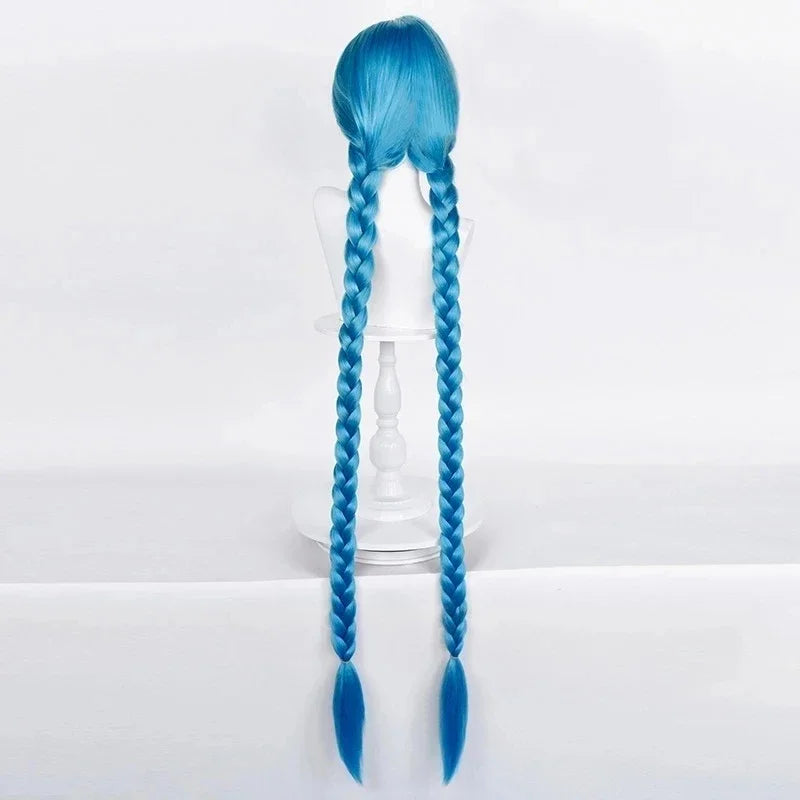 Blue braided wig for Arcane Jinx cosplay costume with long plaits for a perfect fit