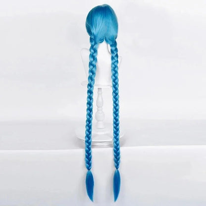 Blue braided wig for Arcane Jinx cosplay costume with long plaits for a perfect fit