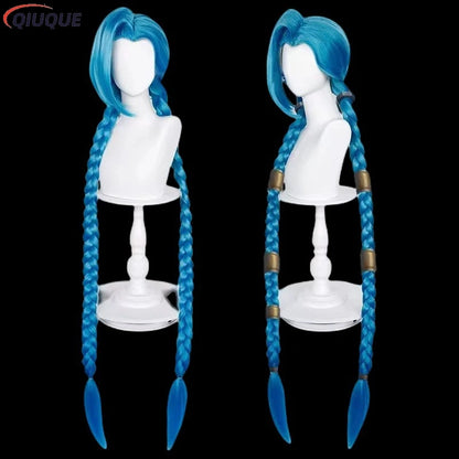 EtherealBe Arcane Jinx cosplay costume featuring long blue braided wig with gradient tips