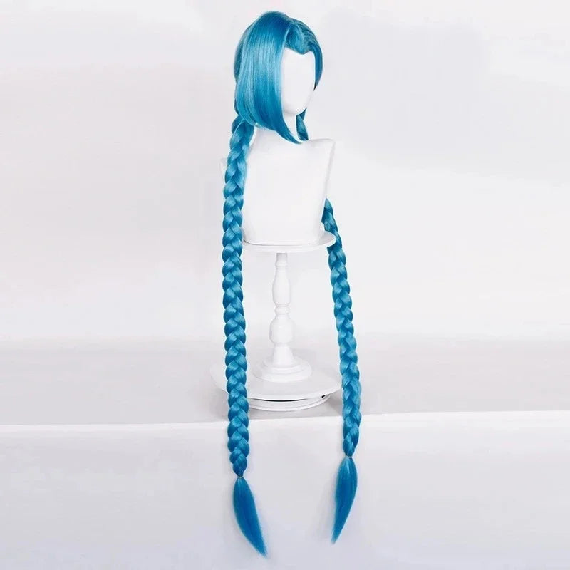 Arcane Jinx cosplay costume accessory featuring long blue braided wig on a wig stand