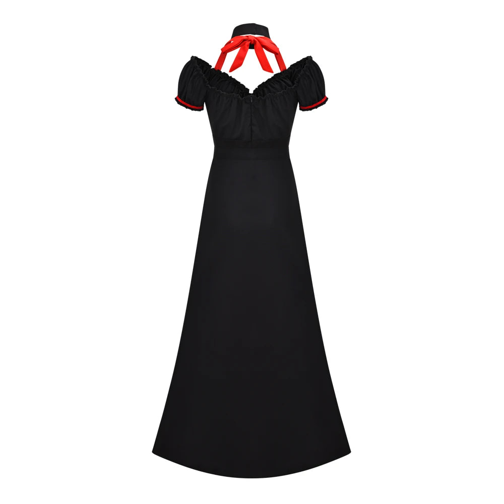 Elegant black Queen of Hearts costume for women with red accents and off-shoulder design