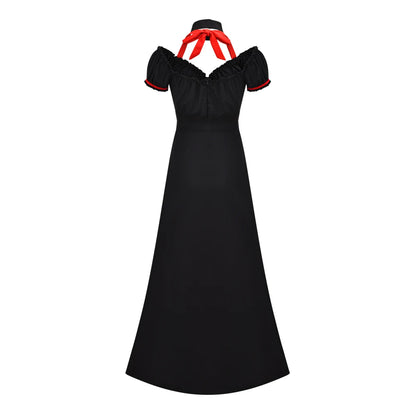 Elegant black Queen of Hearts costume for women with red accents and off-shoulder design