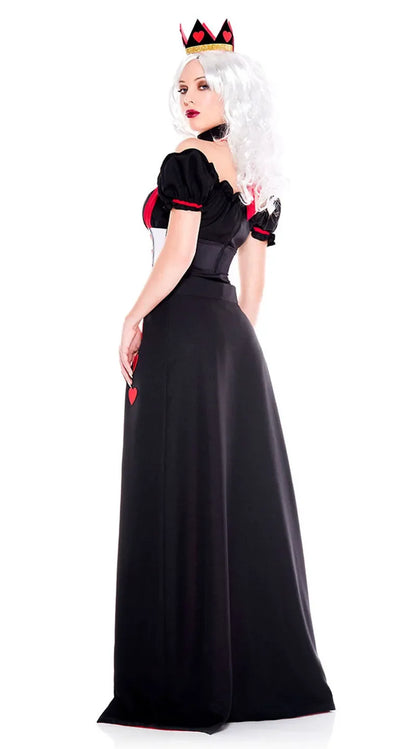 Elegant Queen of Hearts costume for women featuring a long black gown and crown accessories