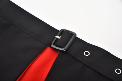 Detail view of the Queen of Hearts costume for women featuring a black and red design with buckle accents