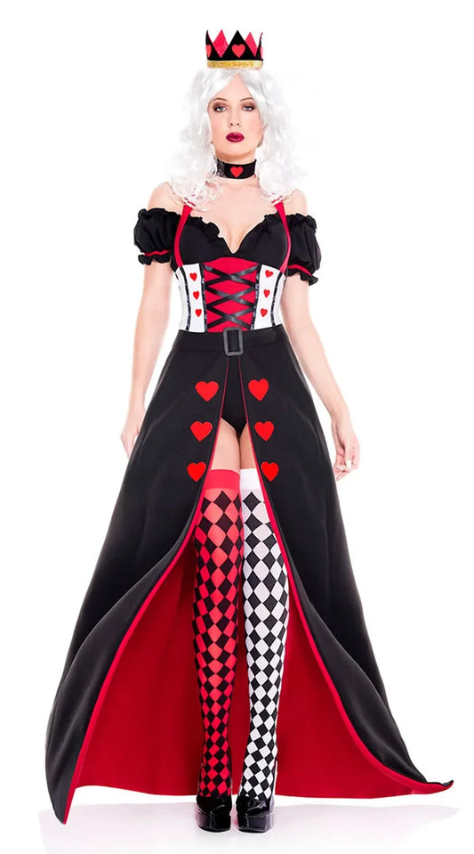 EtherealBe Queen of Hearts costume for women featuring a black and red gown with heart patterns and matching accessories