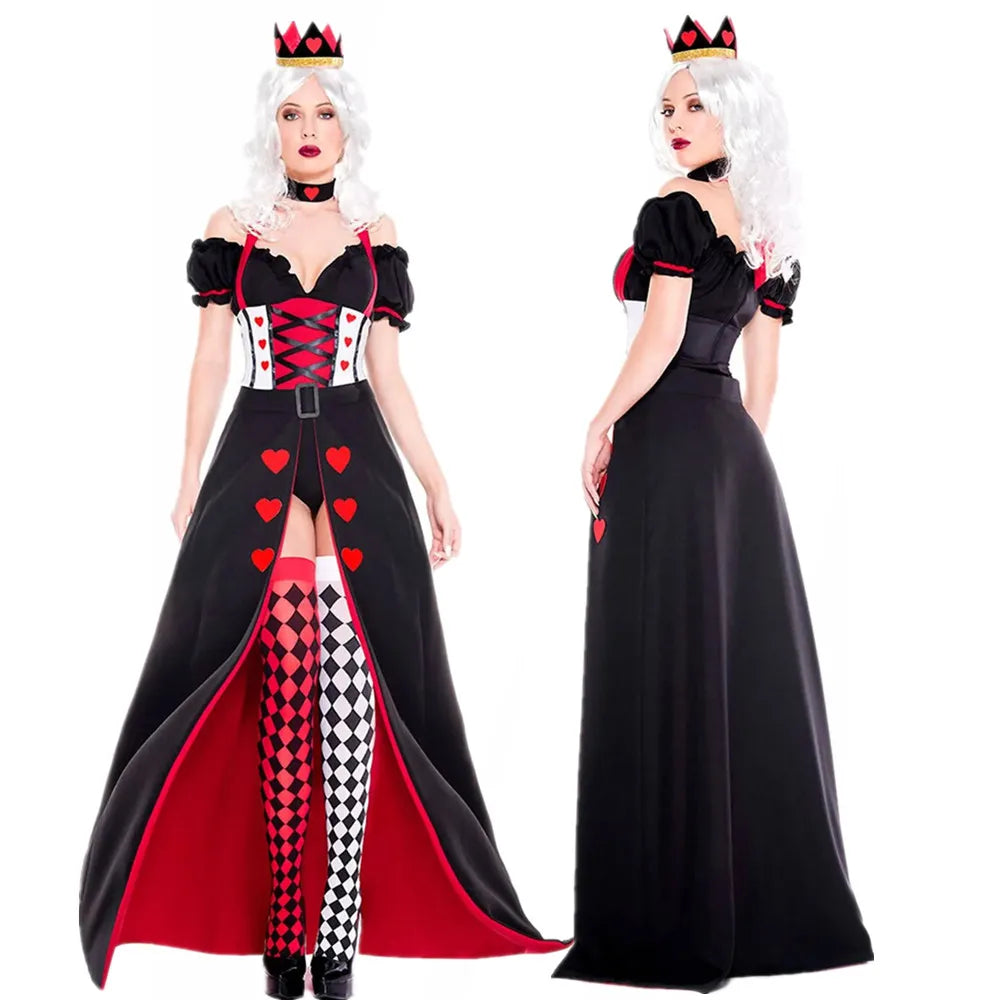 Elegant Queen of Hearts costume for women featuring a black dress with red accents and matching crown