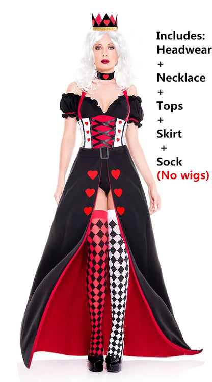 EtherealBe Queen of Hearts costume for women featuring headwear, necklace, tops, skirt, and socks