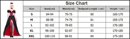Size chart for Queen of Hearts costume for women with measurements for bust, waist, and height