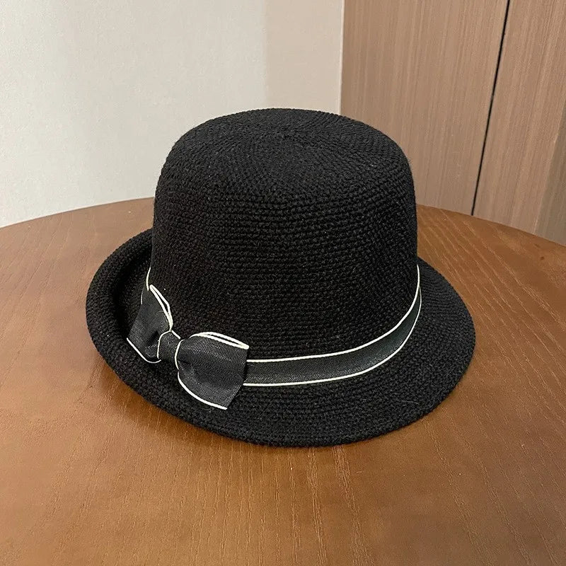 EtherealBe retro French style fashion bucket hat with a decorative bow in black