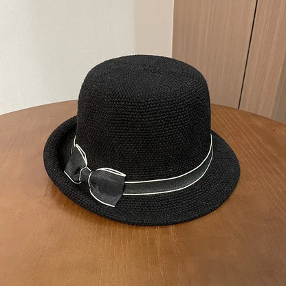 EtherealBe retro French style fashion bucket hat with a decorative bow in black