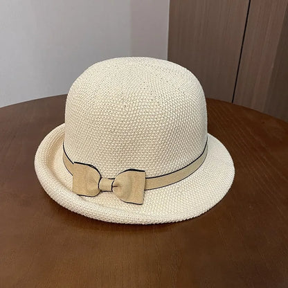 EtherealBe retro French style fashion bucket hat with a stylish bow detail in cream color