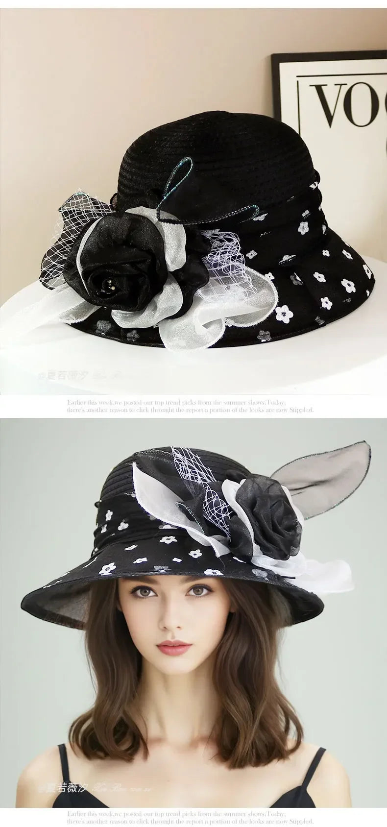 Retro wide brim floral hat in black with decorative flowers for stylish sun protection