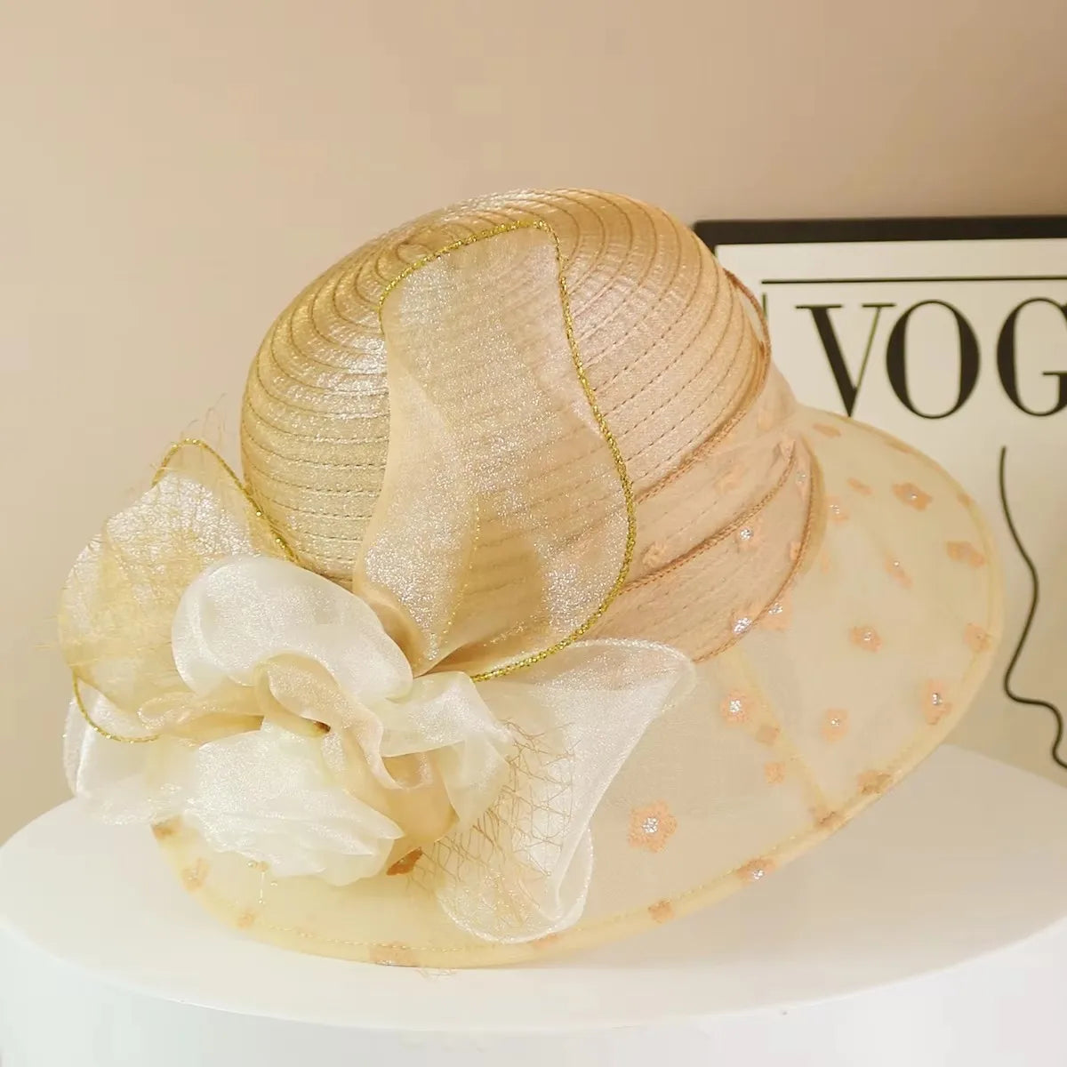 EtherealBe retro wide brim floral hat featuring a delicate flower accent and elegant design