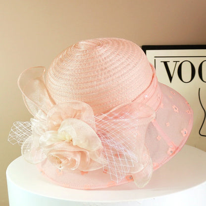EtherealBe retro wide brim floral hat in light pink with delicate floral accents and netting