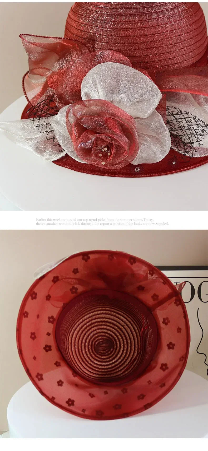 EtherealBe retro wide brim floral hat in red with decorative flowers and elegant design