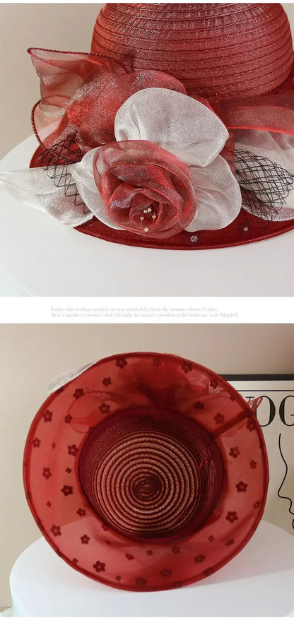 EtherealBe retro wide brim floral hat in red with decorative flowers and elegant design