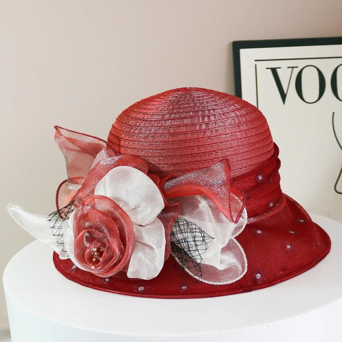 EtherealBe retro wide brim floral hat in red with decorative flowers for stylish summer outings