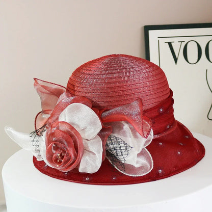 EtherealBe retro wide brim floral hat in red with decorative flowers for stylish summer outings