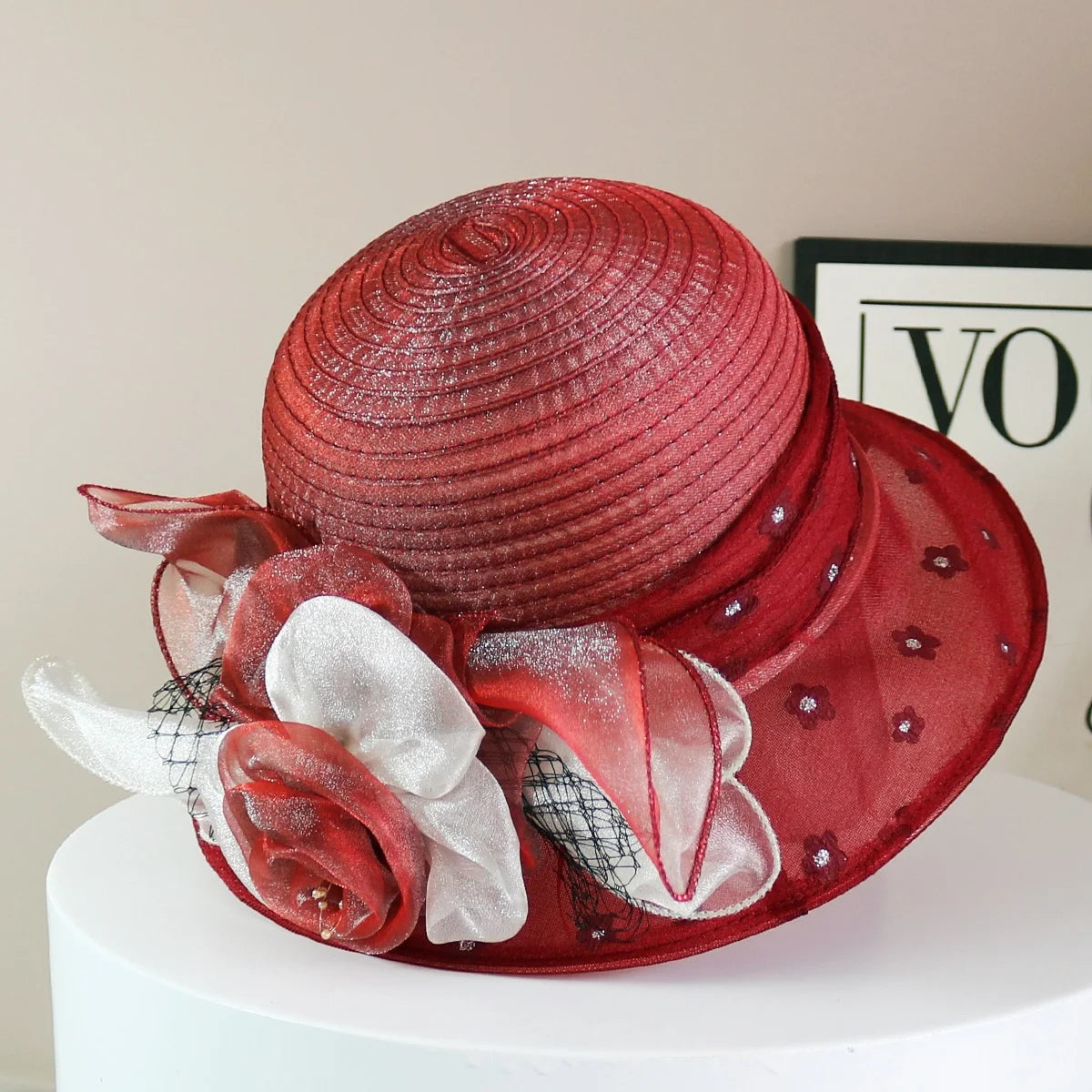 EtherealBe retro wide brim floral hat in red with elegant floral details and decorative mesh