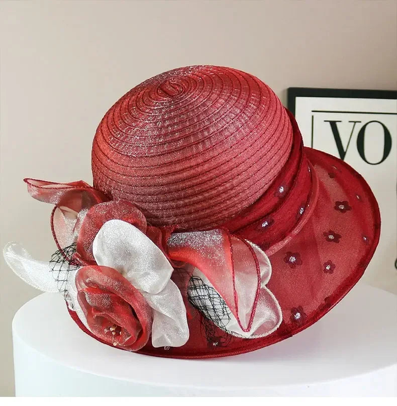 EtherealBe retro wide brim floral hat in red with elegant floral decorations and mesh accents