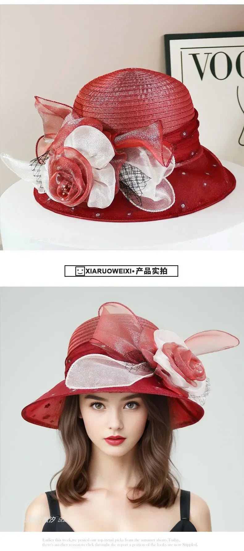 EtherealBe retro wide brim floral hat in red with elegant flowers and netting detail