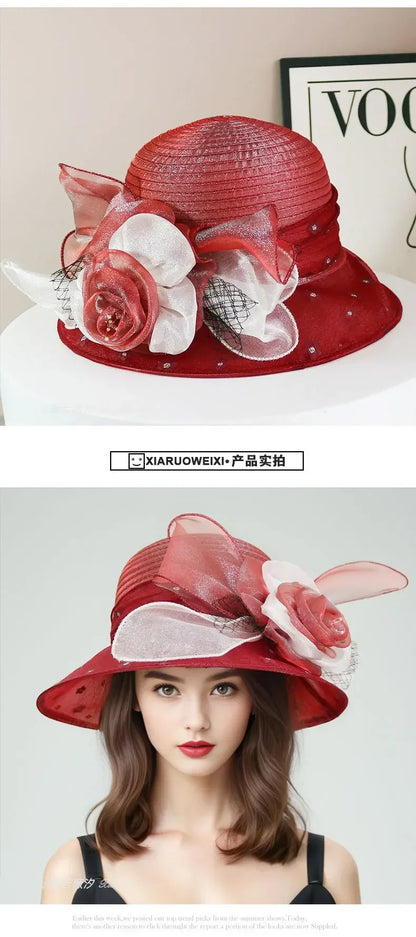 EtherealBe retro wide brim floral hat in red with elegant flowers and netting detail