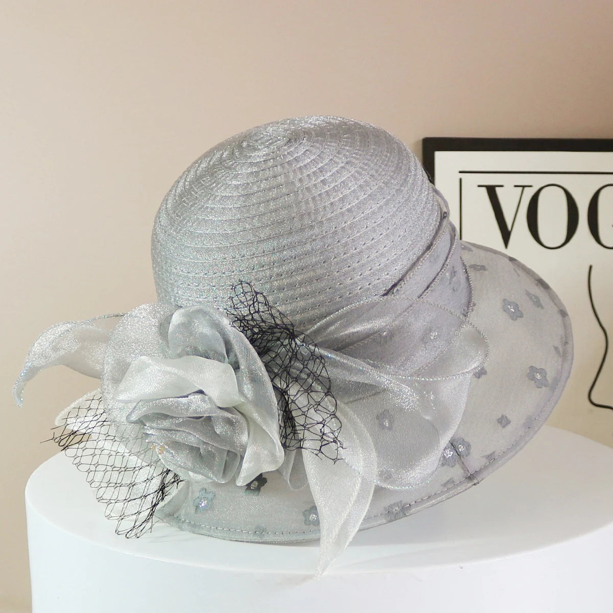 EtherealBe retro wide brim floral hat in silver with elegant mesh and floral embellishments
