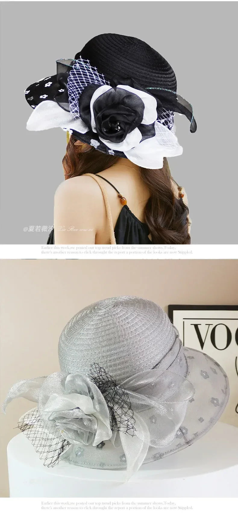 EtherealBe retro wide brim floral hat in black and white with stylish floral accents