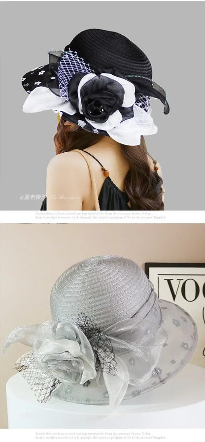 EtherealBe retro wide brim floral hat in black and white with stylish floral accents