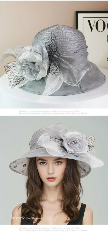 EtherealBe retro wide brim floral hat in gray featuring decorative floral accents and a stylish design