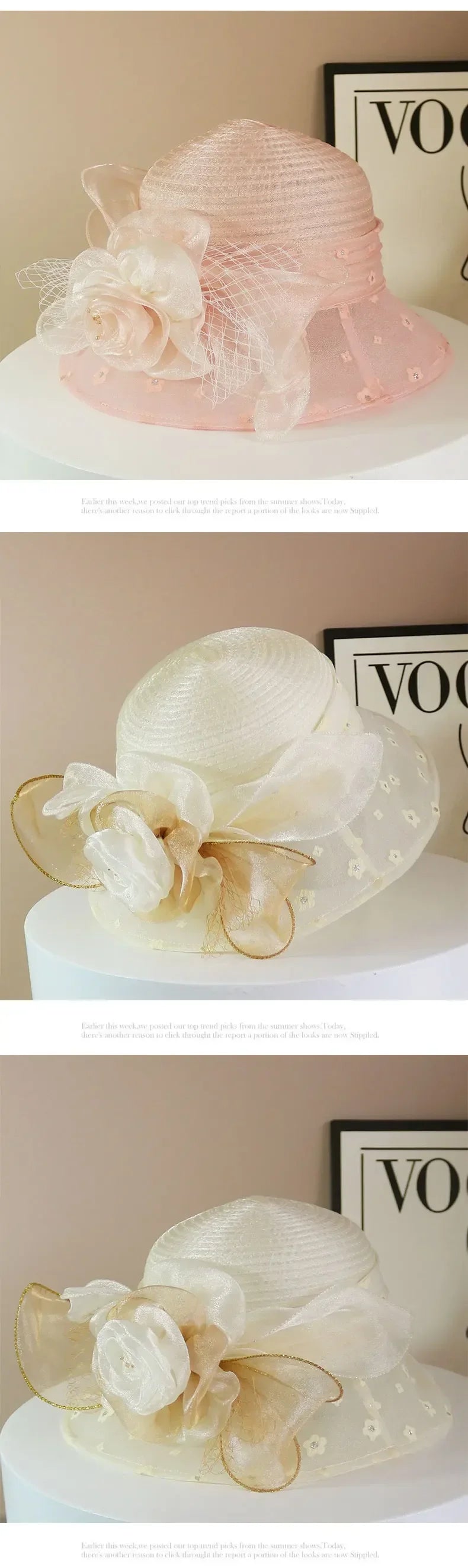 EtherealBe Retro Wide Brim Floral Hat in Pink and Cream with Elegant Flower Accents