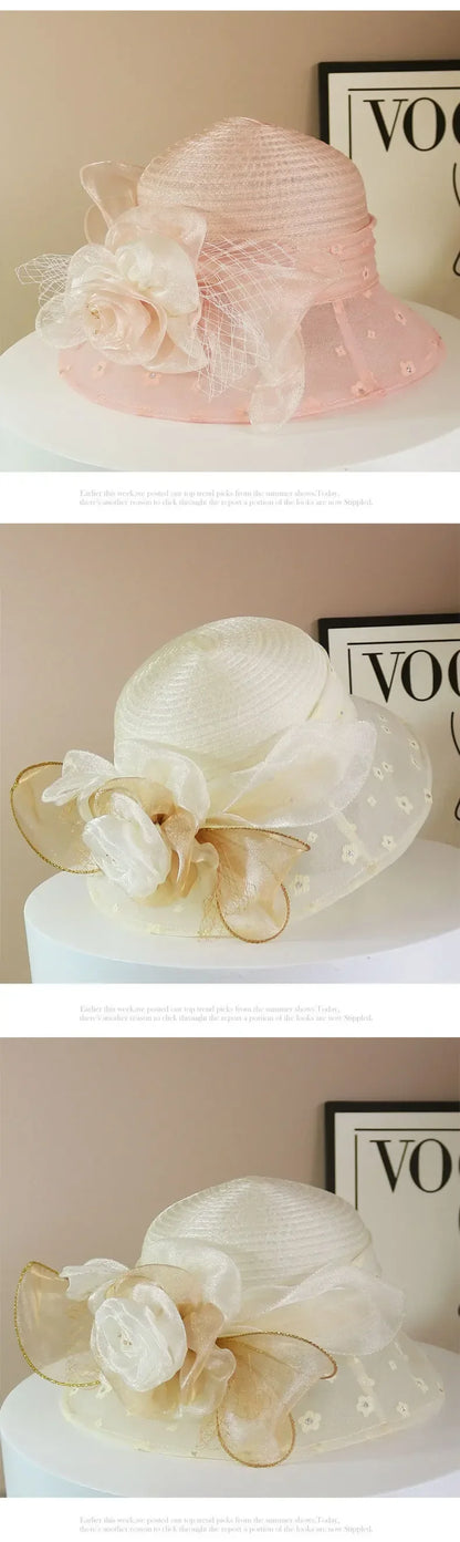 EtherealBe Retro Wide Brim Floral Hat in Pink and Cream with Elegant Flower Accents