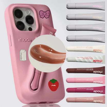 Pink phone case holding multiple lip tubes in assorted shades and swatch showcasing Flavored moisturizing lip balm for dry lips