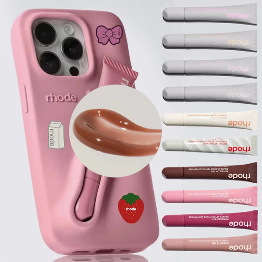 Pink phone case holding multiple lip tubes in assorted shades and swatch showcasing Flavored moisturizing lip balm for dry lips
